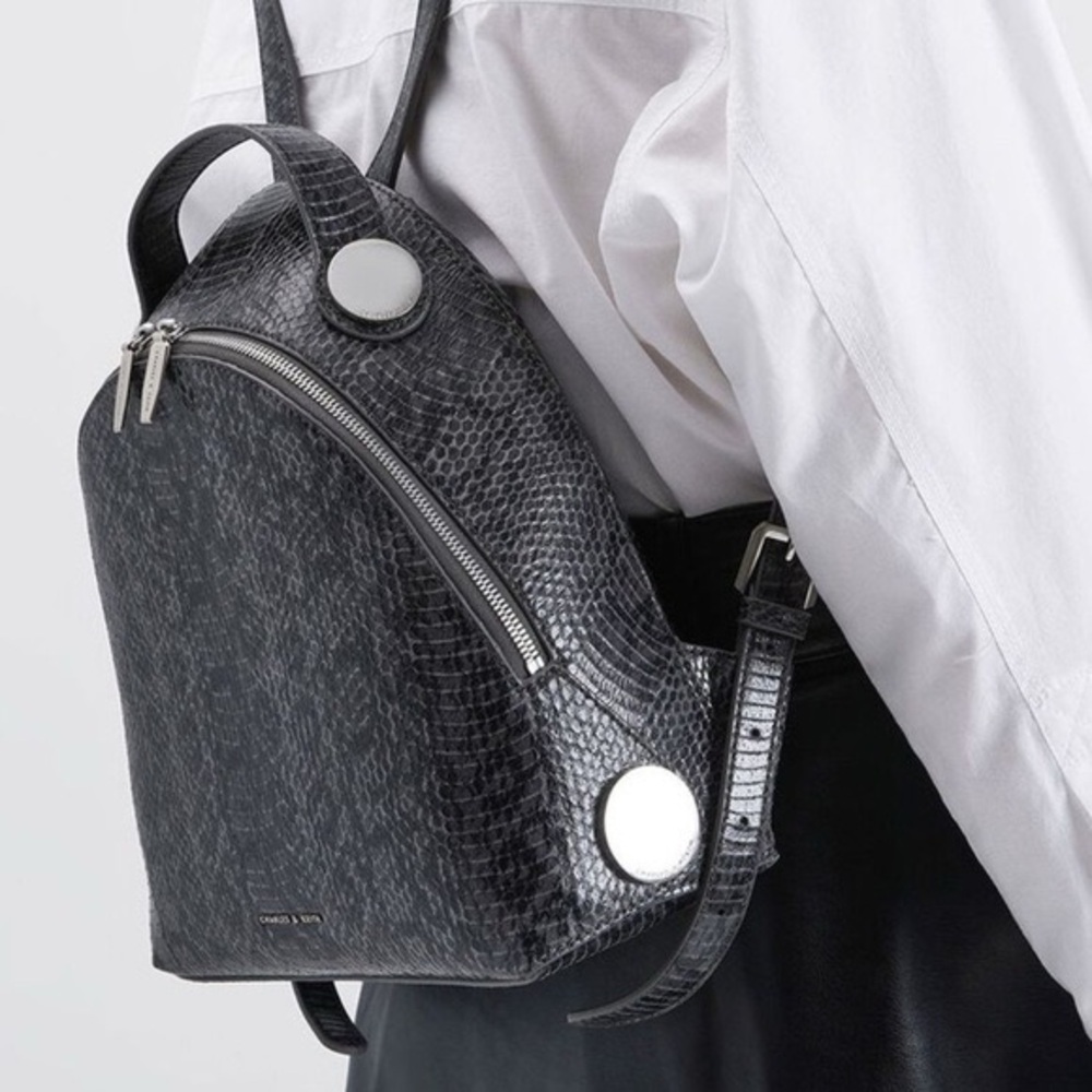 Charles & Keith Snake Print Dome Backpack Grey Gray Faux Leather